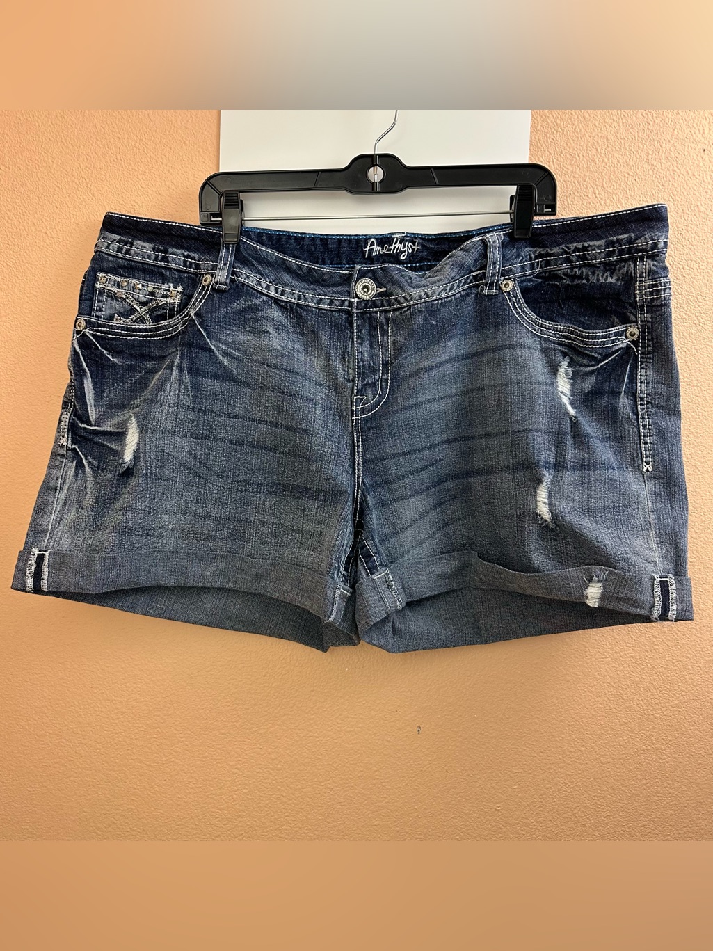 Amethyst Denim Shorts Womens 24 Blue Distressed Cuffed Stretch Mid Rise Cotton